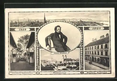 AK Wien, Sterbehaus, Geburtshaus u. Portrait von Franz Schubert
