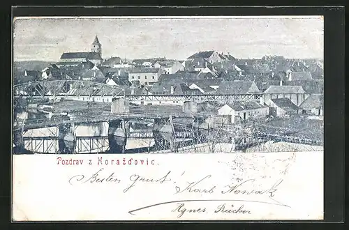 AK Horazdovice, Ortsansicht mit Eisenbahnbrücke
