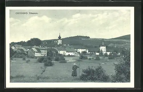 AK Trhanov, Chodsko, Ortsansicht aus der Ferne