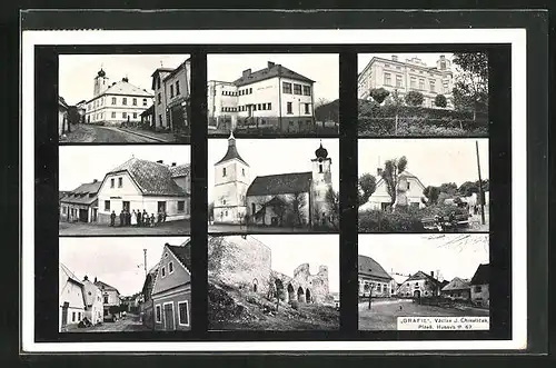 AK Velhartice, Gasthaus, Kirche, Schule, Rathaus