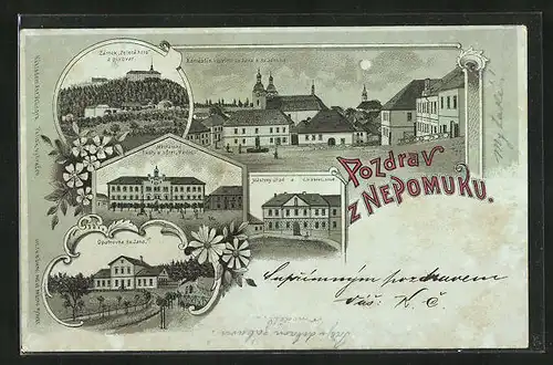 Mondschein-Lithographie Nepomuku, Skoly a Hotel Kaldec, Opatrovna sv. Jana, Námestí s kostlem