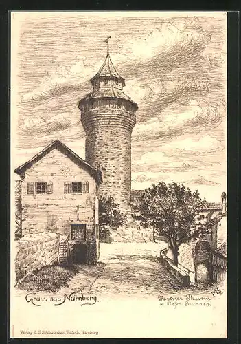 Künstler-AK Nürnberg, Vestner Turm und tiefer Brunnen