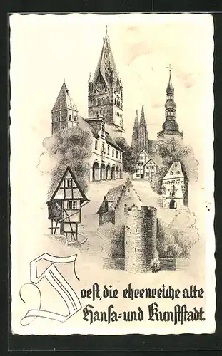 AK Soest, Strassenpartie mit Kirche