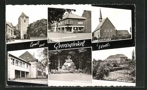 AK Everswinkel i. Westf., Kriegerdenkmal, Johannes Kirche, Krankenhaus