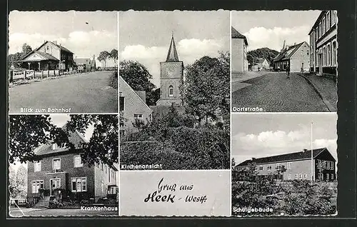 AK Heek /Westf., Kirchenansicht, Krankenhaus, Schulgebäude