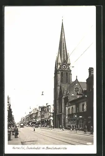 AK Herne, Aufnahme der Bahnhofsstr. mit Bonifatiuskirche