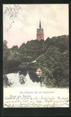 AK Rostock, Kröpeliner Tor in Landschaft mit Kirche