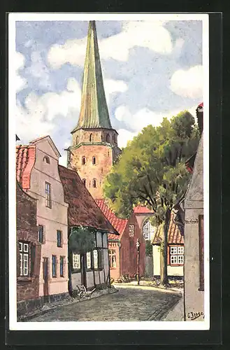 Künstler-AK Travemünde, Markstrasse mit Kirche