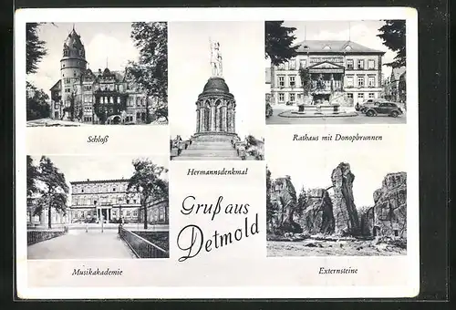 AK Detmold, Musikakademie, Rathaus mit Donopbrunnen, Schloss