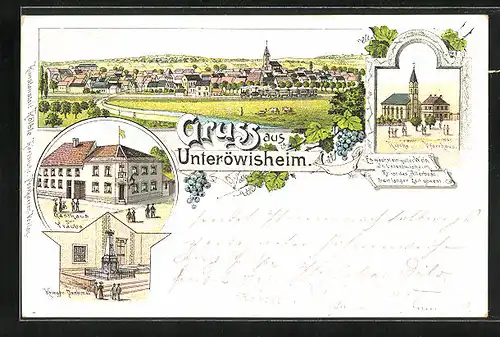 Lithographie Unteröwisheim, Gasthaus zur Traube, Kirche und Pfarrhaus