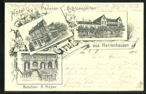 Lithographie Hannover-Herrenhausen, Hotel und Pension Schlossgarten