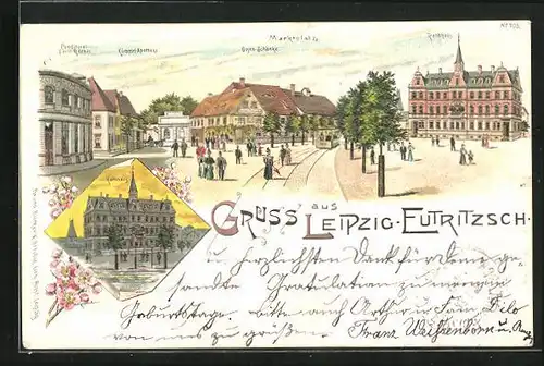 Lithographie Leipzig-Eutritzsch, Marktplatz mit Gosen-Schänke, Konditorei, Rathaus u. Kümmel-Apotheke