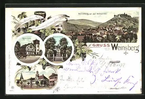 Lithographie Weinsberg, Kernerhaus, Kernerdenkmal, Markt und Rathaus