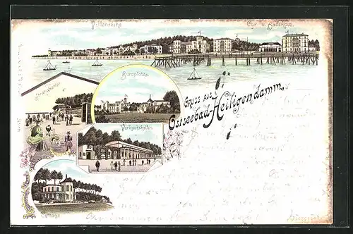 Lithographie Heiligendamm, Kur- u. Badehaus mit Villenreihe, Verkaufshallen, Strandpartie