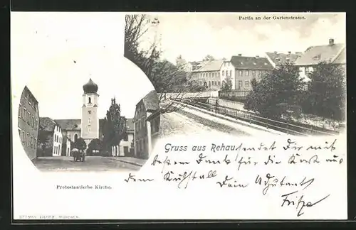 AK Rehau, Protestantische Kirche, Partie an der Gartenstrasse