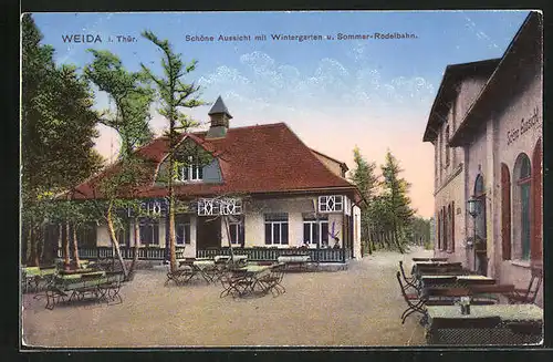 AK Weida i. Thür., Gasthaus Schöne Aussicht mit Wintergarten u. Sommer-Rodelbahn
