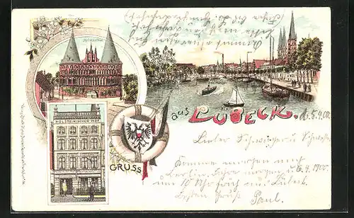 Lithographie Lübeck, Hotel Holsteinischer Hof, Holstentor, Hafen