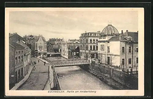 AK Eschweiler, Partie am Knickertsberg mit Geschäften und Brücke