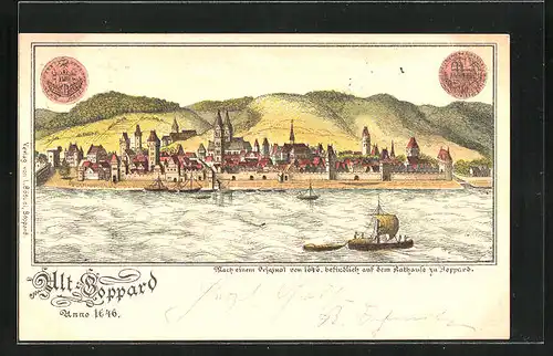 Lithographie Boppard, Teilansicht mit Booten 1646