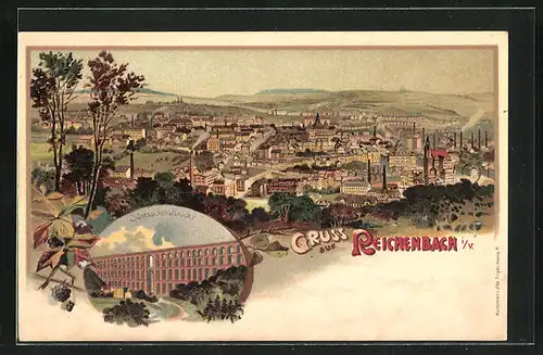 Lithographie Reichenbach i. V., Teilansicht, Göltzschtalbrücke