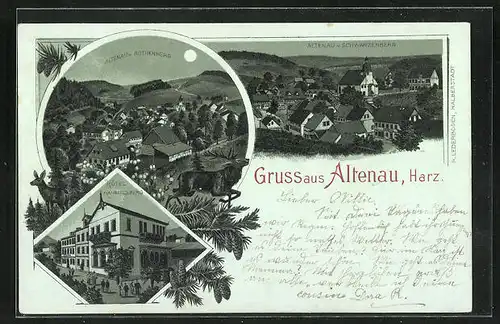 Mondschein-Lithographie Altenau /Harz, Hotel Rammelsberg, Panorama