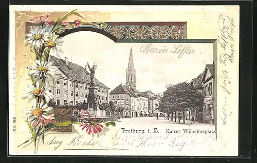 Passepartout-Lithographie Freiburg i. B., Kaiser Wilhelmplatz mit Denkmal, Wappen