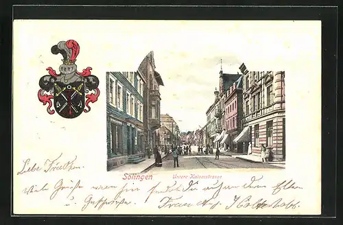 Passepartout-Lithographie Solingen, Untere Kaiserstrasse mit Passanten, Wappen