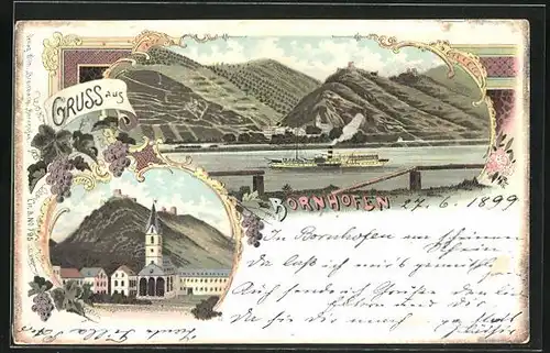 Lithographie Bornhofen, Panorama mit Dampfer, Ortspartie mit Kirche