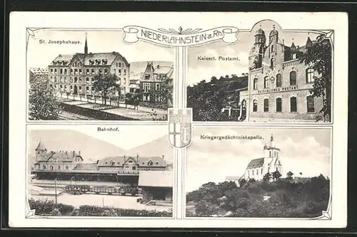 AK Niederlahnstein a. Rh., Bahnhof, St. Josephshaus, Kaiserl. Postamt
