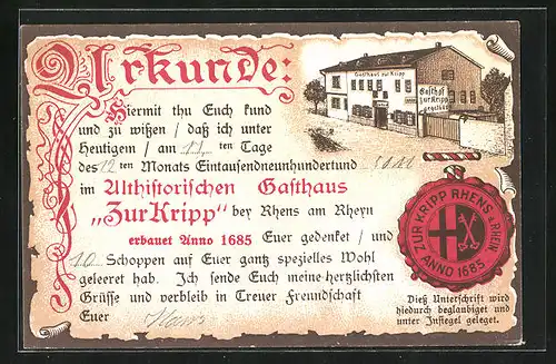 Lithographie Rhens, Gasthaus Zur Kripp, Urkunde