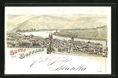 Lithographie Boppard, Panorama mit Gebirge