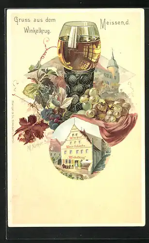 Lithographie Meissen, Gasthaus Winkelkrug, Weinglas