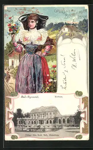 Passepartout-Lithographie Bad Pyrmont, Kurhaus, Dame in Tracht