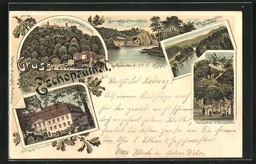 Lithographie Lichtenwalde, Schloss, Blick vom Warrasfelsen ins Zschopauthal