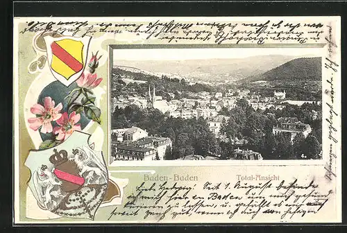 Präge-AK Baden-Baden, Totalansicht der Stadt, Wappen