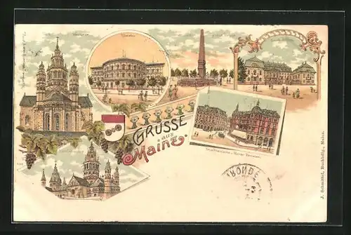 Lithographie Mainz, Theater, Dom, Neue Rheinische Bierhallen