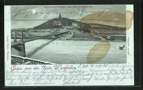 Mondschein-Lithographie Porta Westfalica, Wittekindsberg und Kettenbrücke im Vollmondlicht