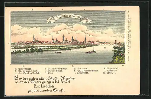 Lithographie Minden, Panorama mit Dom und Marien-Kirche