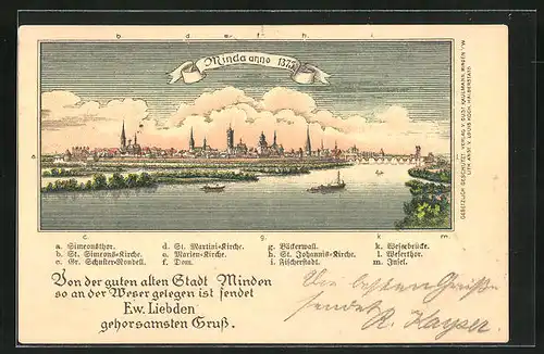 Lithographie Minden, Panorama von der Weser aus