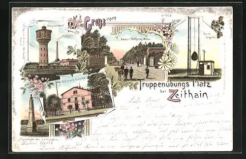 Lithographie Zeithain, Kaiser-Wilhelm Allee, Wasserwerk, Offiziers-Casino