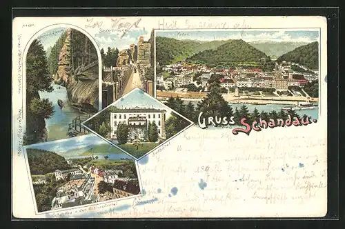 Lithographie Schandau, Badhotel, Basteibrücke, Panorama