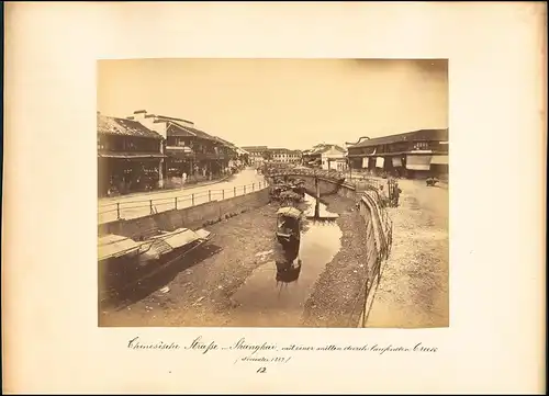 Fotografie unbekannter Fotograf, Ansicht Shanghai / China, Strassenansicht mit Fluss in der Mitte bei Niedrigwasser 1882