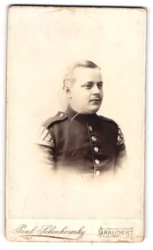 Fotografie Paul Schinkowsky, Graudenz, Soldat mit Doppelkinn des Musikkorps mit Schwalbennestern, Inf. Rgt. 14