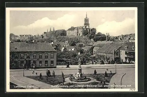 AK Bad Cleve, Schwanenburg und Lohengrin-Denkmal vom alten Stadteingang aus