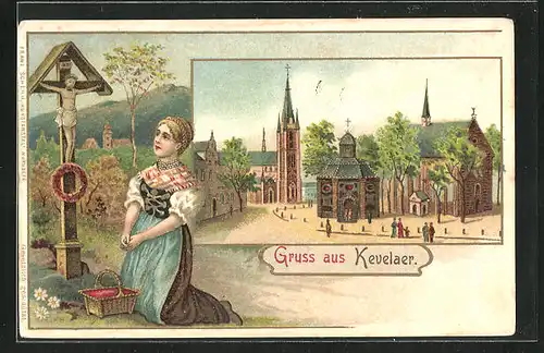 Lithographie Kevelaer, Priesterhaus, Marienkirche, Gnadenkapelle, Kerzenkapelle, Betende am Wegkreuz