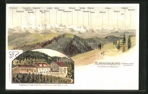 Lithographie Schauinsland /Bad. Schw., Gasthaus Friedrichshöhe, Alpenpanorama