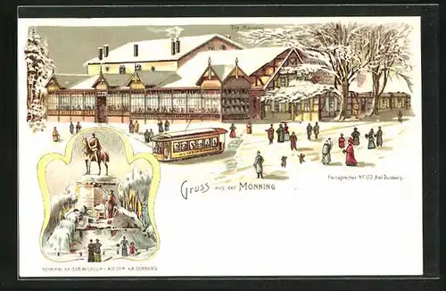 Winter-Lithographie Duisburg, Gasthaus Monning und Strassenbahn, Denkmal Kaiser Wilhelm I. auf dem Kaiserberg