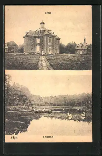 AK Sögel, Schloss, Boot auf dem Schlossteich