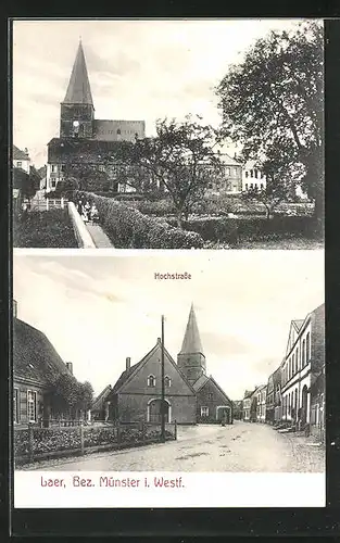 AK Laer i. W., Hochstrasse, Teilansicht mit Kirche