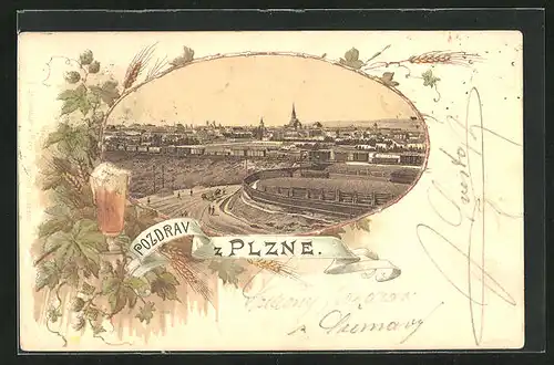 Lithographie Plzen, Gesamtansicht der Stadt